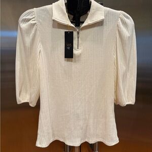 Anthropologie W5 Women's Ivory Ribbed Blouse with Zip Collar
